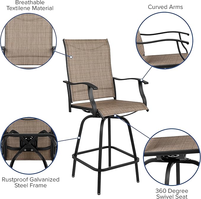 Flash Furniture Valerie Patio Bar Height Stools Set of 2, All-Weather Textilene Swivel Patio Stools with High Back & Armrests in Brown