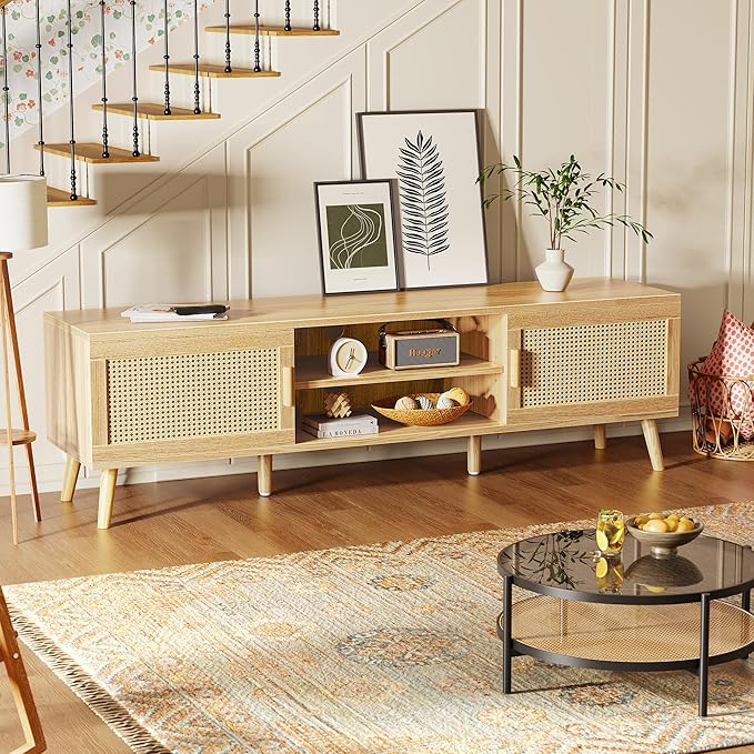 SUPERJARE Boho TV Stand for 75 Inch TV, Entertainment Center with Adjustable Shelf, Rattan TV Console with 2 Cabinets, Media Console, Solid Wood Feet, 4 Cord Holes, for Living Room - Natural