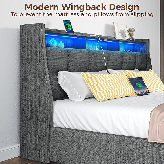 Rolanstar Full Size Bed Frame with LED Lights and Charging Station, Upholstered Bed Storage Headboard & Drawers, Heavy Duty Wood Slats, Easy Assembly