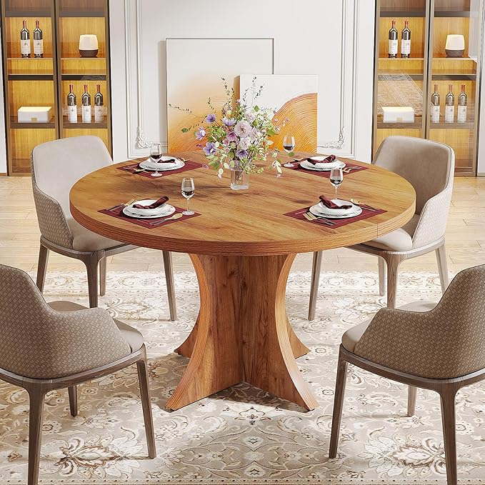Tribesigns Round Dining Table for 4-6, 47.24-Inch Farmhouse Kitchen Table, Wood Dining Table with Pedestal Base, Small Dinner Table for Dining Room,Living Room, Small Space, Brown