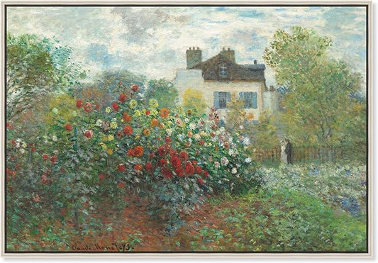 Art Remedy Monet-Garden With Dahlias Impressionism Classic Landscape Paintings Canvas Wall Art, Silver Floater Frame, 30"x45"