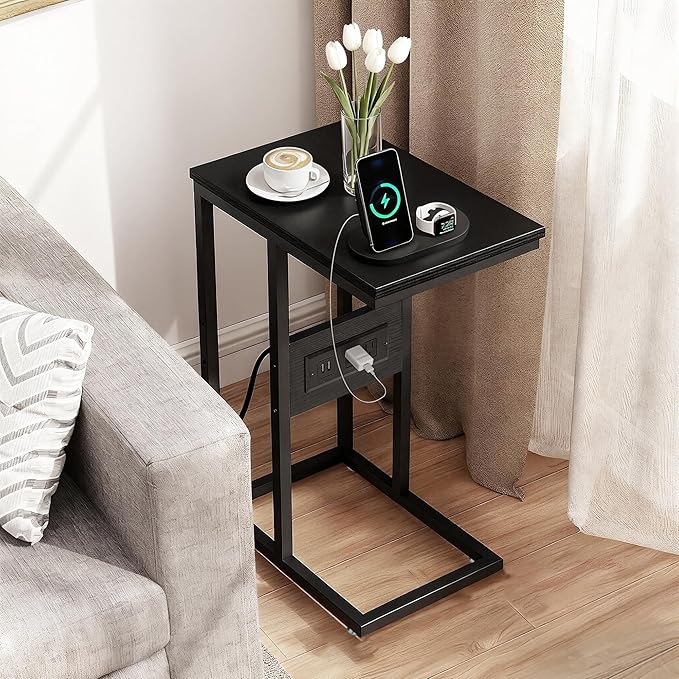 VECELO C-Shaped End Side Table with Charging Station & 2 USB Ports and Outlets for Living Room, Bedroom, with Adjustable Feet for Couch Sofa, Bedside, Small Spaces， Black