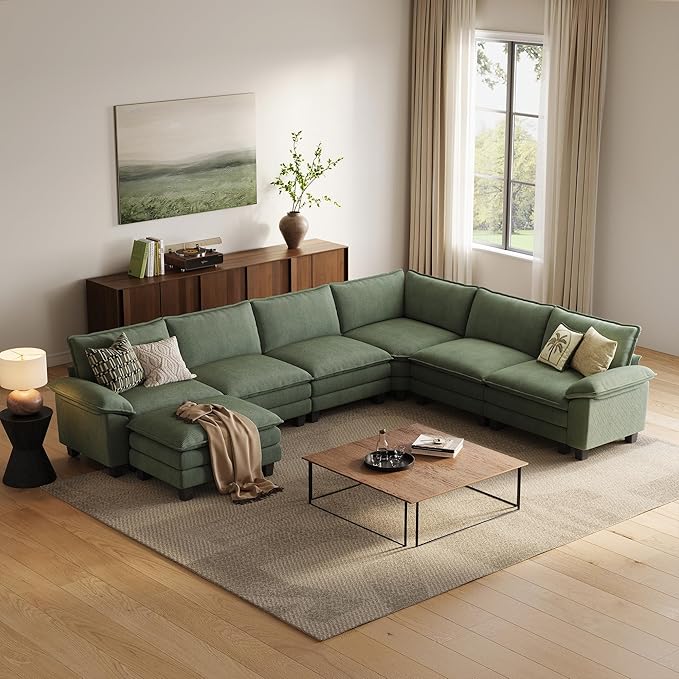 LINSY HOME Modular Sectional Sofa Couch Corduroy Cloud Couches for Living Room, U-Shaped Cloud Couch Sectional Sofas for Bedroom and Apartment, Green