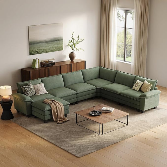 LINSY HOME Modular Sectional Sofa Couch Corduroy Cloud Couches for Living Room, U-Shaped Cloud Couch Sectional Sofas for Bedroom and Apartment, Green