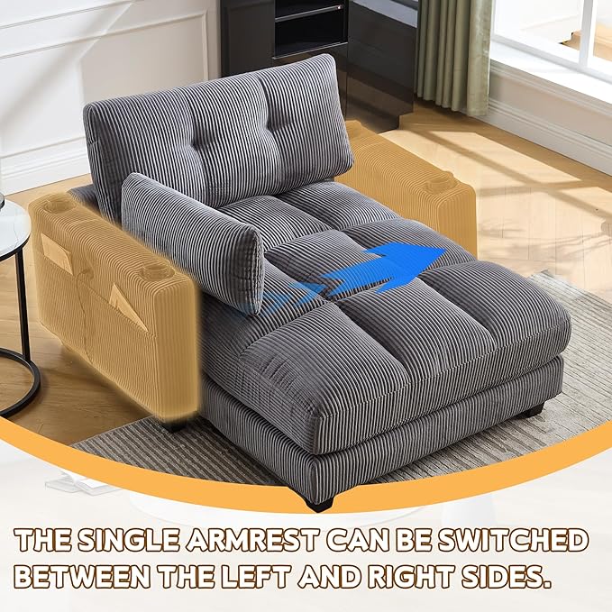 Oversized Lounge Chaise Convertible Sleeper Sofabed, Corduroy Sleeper Daybed Indoor Recliner Chair Sofa Bed with Cupholders and Adjustable Headrests for Living Room Bedroom Reading Home Apartment