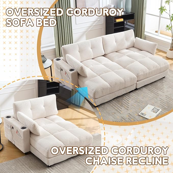 ERYE Oversized Loveseat Sectional Double Lounge Chaise Convertible Sleeper Sofabed, Corduroy Sleeper Loveseat Daybed Indoor Recliner Chair Sofa Bed W/Cupholders & Adjustable Headrests for Living Room
