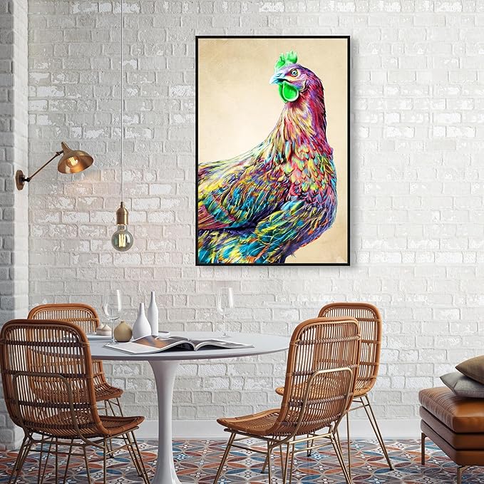 Country Farmhouse Canvas Print Painting Animal Wall Art 'Fun Colorful Glam Rooster' Black Framed Canvas Rustic Home Décor 24x36 in Pink, Green by Oliver Gal