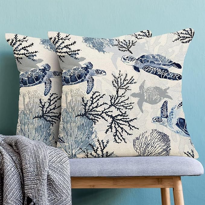 BETGINY Coastal Throw Pillow Cover 16 x 16 Inch Pack of 2, Beach Themed Blue Coral Sea Turtle Decorative Pillow Covers Square Linen Nautical Ocean Pillow Cases Cushion for Bedroom Home Sofa Decor