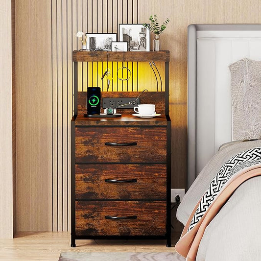 Nightstand, Dresser Nightstand with Charging Station and Led Lights, 3 Drawers Night Stand with Storage Shelf and Hooks, Tall End Side Table for Bedroom, Rustic Brown