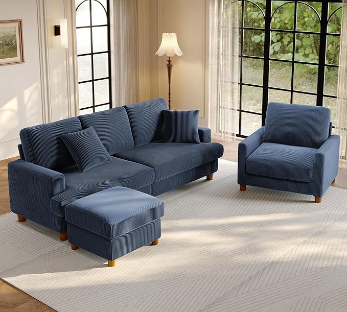 Welzona 87.2" Couches for Living Room, Comfy Sofa Set Tool-Free Setup, Corduroy Couch Set 7.5" Thicker Cushion, Accent Chair with Ottoman 848lbs Support, Sofas for Living Room Home Office, Blue