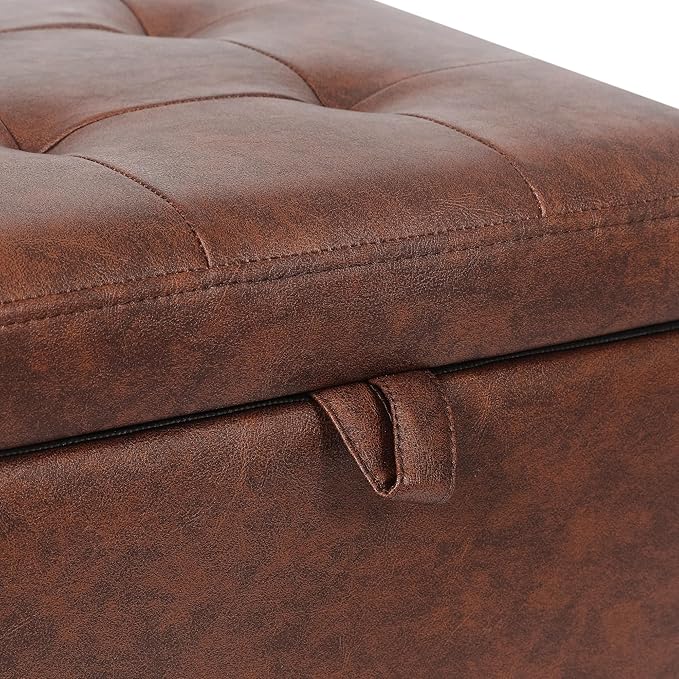 Adeco Faux Leather Storage Ottoman, 17.5" Square Cube Foot Stool with Hinged Lid & Wood Legs, Upholstered Button Tufted Footrest for Living Room, Bedroom Entryway, Reddish Brown