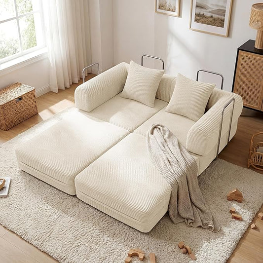Convertible Compressed Corduroy Folding Cloud Sofa Bed, 59'' Modern Boneless Pull Out Loveseat Sleeper in a Box, 5 in 1 Floor Mattress Futon Cloud Couch, No Assembly Needed, Beige, 2 Pillows, Queen