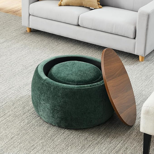 Ball & Cast Round Upholstered Storage-Ottoman Set with Wood Tray, Large Storage Coffee Table w/Footstool & Removable Lid, Dia 25" Padded Bench & End Side-Table for Living Bedroom, Green