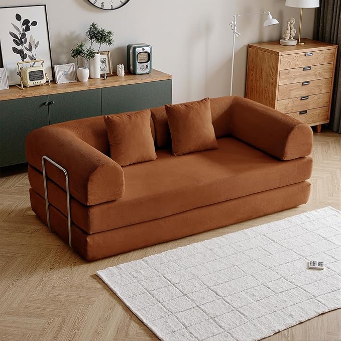 87'' Convertible Compressed Corduroy Folding Cloud Sofa Bed, Modern Modular Boneless Pull Out 3 Seater Sleeper in a Box, 5 in 1 Foldable Floor Mattress Couch, No Assembly Needed, Orange, Pillows, King