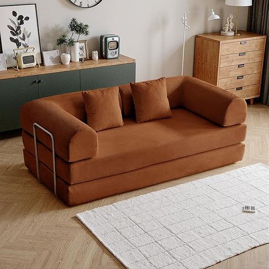 87'' Convertible Compressed Corduroy Folding Cloud Sofa Bed, Modern Modular Boneless Pull Out 3 Seater Sleeper in a Box, 5 in 1 Foldable Floor Mattress Couch, No Assembly Needed, Orange, Pillows, King