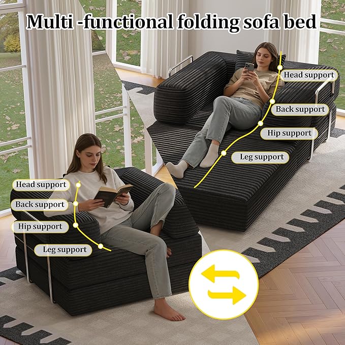 BSHOMGI Folding Sofa Bed, 2 in 1 Convertible Sofas Lounger Comfy Single Chair Teddy Fabric Compressed Couch,Boneless FoldingSleeper for Living Room, Guest Bed, Playroom (Black, 35.43" Single Sofa)