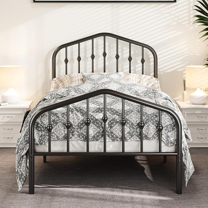Allewie Twin Size Metal Platform Bed Frame with Vintage Headboard and Footboard, No Box Spring Needed, Easy Assembly, Black