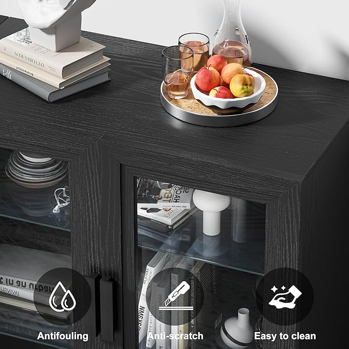 Casaphoria Adam Sideboard Buffet Cabinet with Storage, Display Cabinet with Glass Doors & Adjustable Shelves, 62" W x 36" H Buffet Cabinet for Entryway Kitchen Living Room, Black