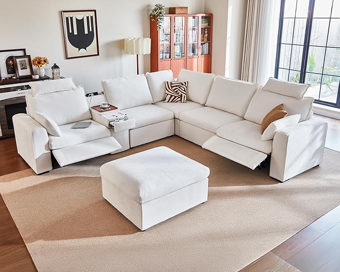 Oversized Modular Power Recliner Sofa Wall Hugger, Cloud Reclining Couch with Headrest, Storage Ottoman, Drawer Charging Cup Holder, Deep L-Shaped 6 Seater with Dual Electric Recliner, Chenille, White