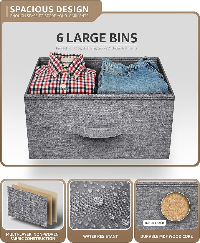 Sorbus Dresser with 6 Drawers - Chest Organizer Unit with Steel Frame Wood Top & Handle Easy Pull Fabric Bins for Clothes - Storage Furniture for Bedroom, Hallway, Living Room, Nursery & Closet