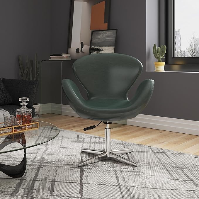 Manhattan Comfort Raspberry Adjustable Swivel Accent Chair with 360° Turn, Polished Chrome Base, Modern Retro Design, Versatile Seat Ideal for Any Room, Set of 1, Forest Green