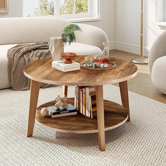 OLIXIS Round Coffee Table, 32'' Wood Coffee Tables for Living Room with Storage, 2-Tier Center Circle Counter with Wooded Desktop, 50 lbs Capacity, Anti-Slip Feet, Modern Farmhouse Design, Brown