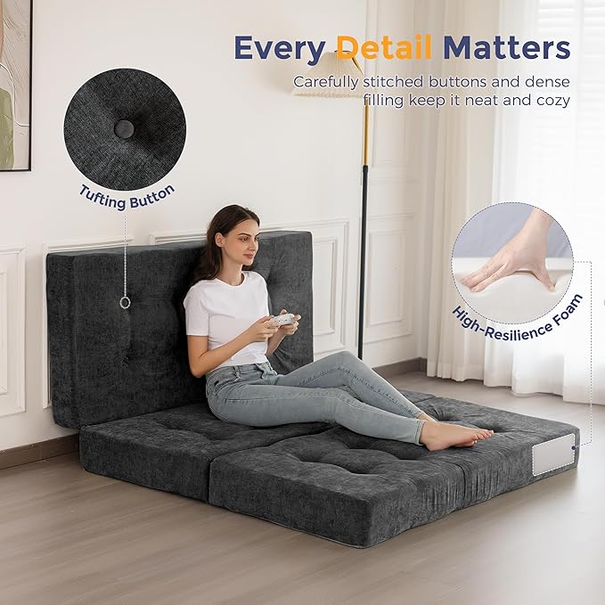 MAXYOYO Tri-Fold Mattress, 6 Inch Tufted Folding Mattress with Chenille Fabric, Portable Twin Size Floor Guest Mat for Adults, Foldable Topper for Camping, Dark Grey, 35.4"x75"