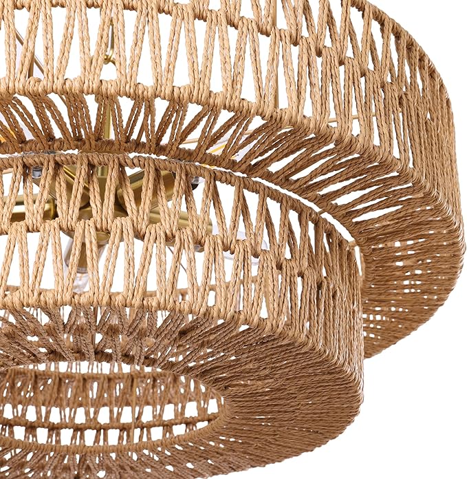 LamQee 22 Inch Farmhouse Rattan Chandeliers, 5 Lights Boho Chandelier Light Fixture with Hand Woven Wicker Shade, Large Rattan Pendant Lights Ceiling Hanging Lighting for Dining Room Kitchen Island