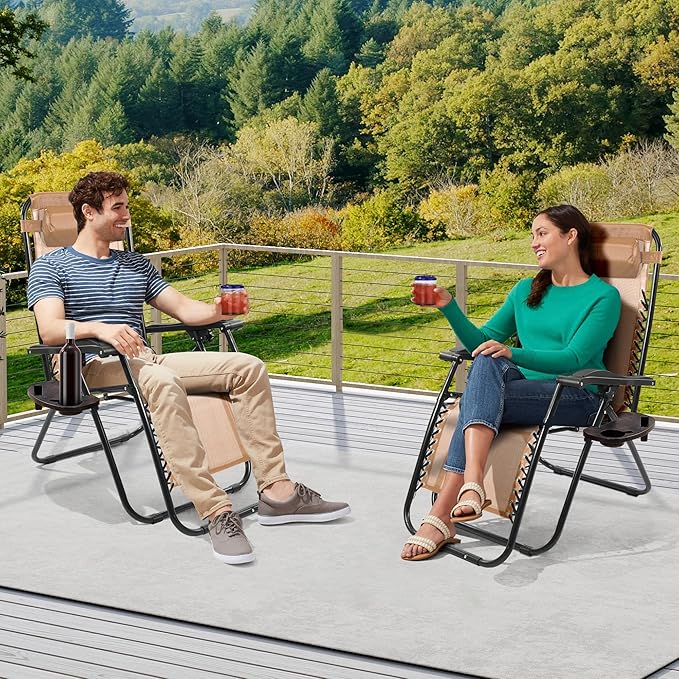 Elevon Zero Gravity Chair Set of 2 with Cup Holder & Removable Pillows, Adjustable Reclining Outdoor Patio Folding Chairs Portable Lounge Chair Furniture for Poolside, Lawn, Beach, Camping, Beige