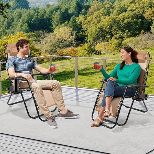 Elevon Zero Gravity Chair Set of 2 with Cup Holder & Removable Pillows, Adjustable Reclining Outdoor Patio Folding Chairs Portable Lounge Chair Furniture for Poolside, Lawn, Beach, Camping, Beige