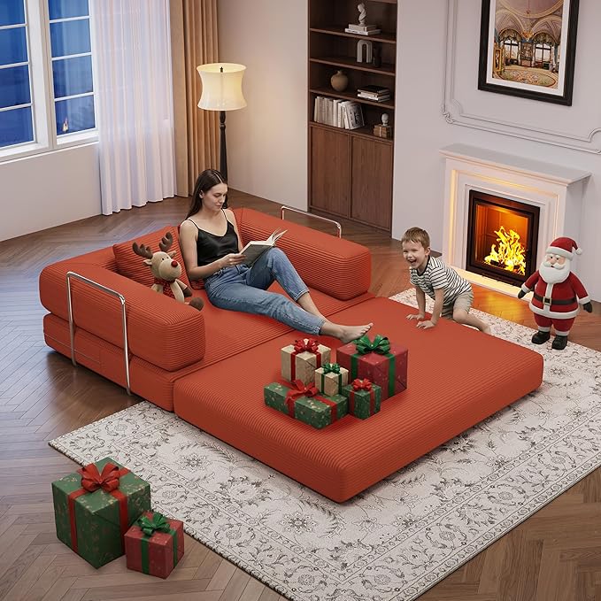 BSHOMGI Folding Sofa Bed, 4 in 1 Convertible Sofas to Lounger Comfy Single Bean Bag Chair Floor Portable Foldable Sleeper Lazy Futon Couch Chair for Bedroom, Living Room (Orange, 53.15" Double Sofa)