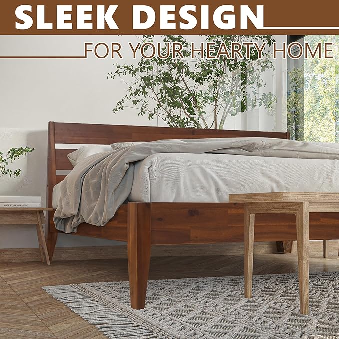 Acacia Emery Bed Frame with Headboard Solid Wood Platform Bed, King Size Bed Frame, Mid - Century Modern Wood Bed Compatible with All Mattresses, Easy Assembly, Non-Slip (Chocolate, Queen)