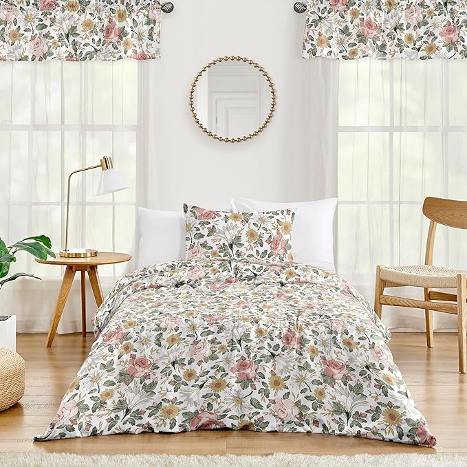 Sweet Jojo Designs 2-Piece Twin Comforter Set (Vintage Floral Boho) for Girls, Teen, Kids Bedding, Bed in a Bag incl. Blanket & Pillow Sham (Shabby Chic, Rose Flower, Farmhouse, Bohemian Pink, Yellow)