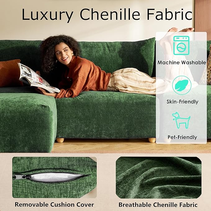 LINSY HOME Cloud Couch Sectional, Modular Sofa Sectionals for Living Room Bedroom, 91" L Shape Love Seat Couch with Ottoman, 2 Seater Deep Seat Cozy Couch Luxury Chenille Sofas, Green