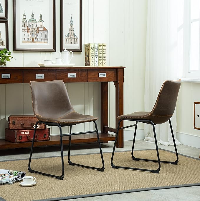 Roundhill Furniture Lotusville Vintage PU Leather Dining Chairs, Set of 2, Antique Brown