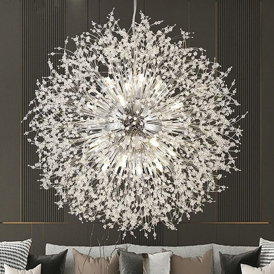 Modern Crystal Chandelier Firework, 31.4" Dandelion Crystal Chandelier Lighting Chrome, 16-Light Steel Large Pendant Sputnik Chandelier for Living Room Foyer