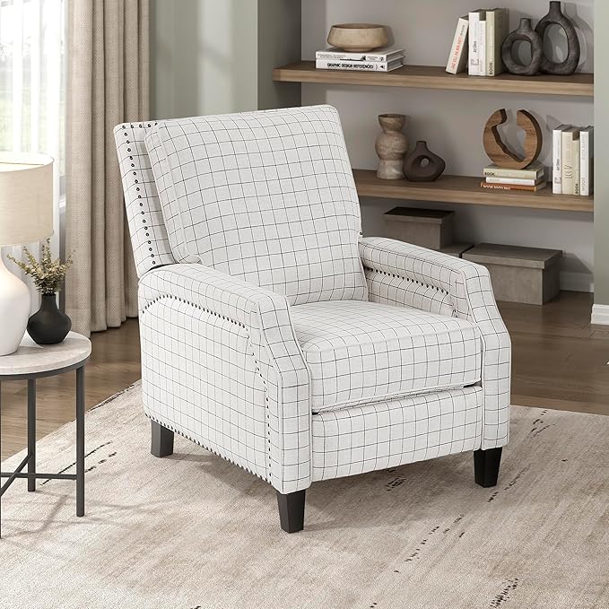 Lexicon Pushback Recliner Chair, Plaid Textured Fabric Armchair Push Back Reclining Chair, Nailhead Trim, Solid Wood Legs, Easy Assembly for Living Room/Office/Apartment, Off-White