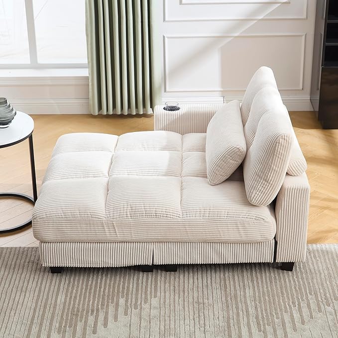 Oversized Lounge Chaise Convertible Sleeper Sofabed, Corduroy Sleeper Daybed Indoor Recliner Chair Sofa Bed with Cupholders and Adjustable Headrests for Living Room Bedroom Reading Home Apartment
