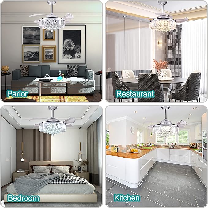 DuMaiWay 36" Dimmable Fandelier Crystal Ceiling Fan with Lights and Remote Modern Invisible Retractable Blades Chandelier Ceiling Fan Light Kit for Bedroom Living Room -Polished Chrome
