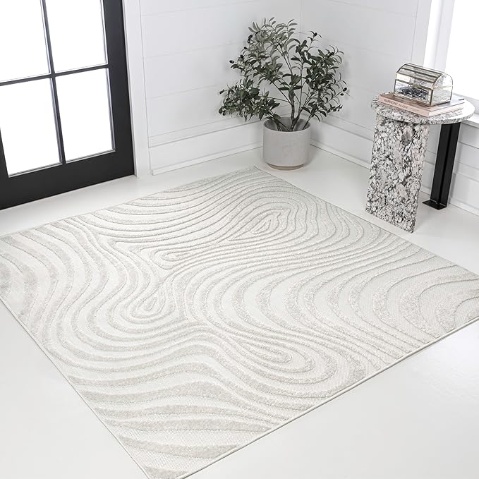 JONATHAN Y Maribo High-Low Abstract Striped Cream/Ivory 6x6 Square Indoor/Outdoor Area Rug, Pet Friendly, Non-Shedding, Stain Resistant, Easy-Cleaning for Backyard, Patio, Porch (SCN103A-6SQ)