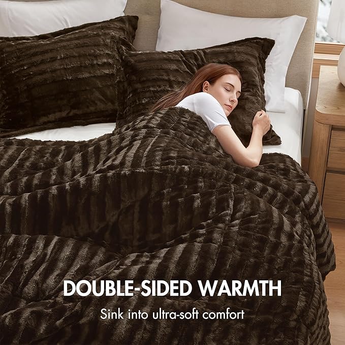 Madison Park Duke Faux Fur Plush Bedding 3 Piece Comforter Set Super Soft and Cozy Warm, King/Cal King, Chocolate