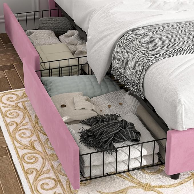 VECELO Full Size Upholstered Platform Bed Frame with 4 Storage Drawers, Adjustable Velvet Rivet Decor Headboard, Wooden Slats Support, No Box Spring Needed, Easy Assembly