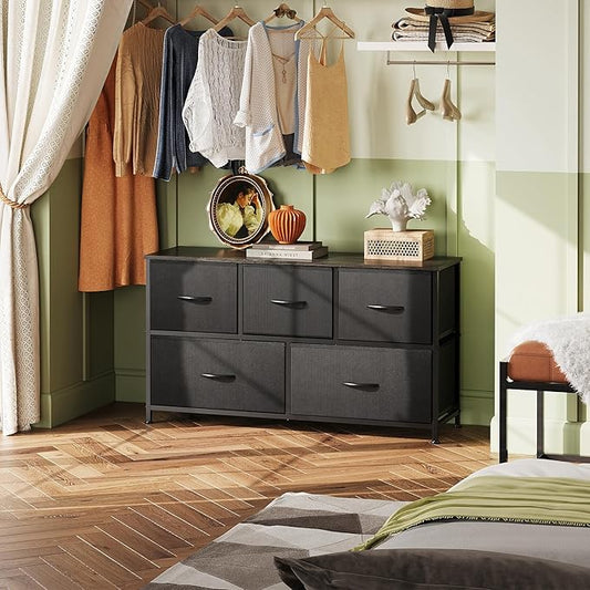 WLIVE Dresser for Bedroom with 5 Drawers, Wide Chest of Drawers, Fabric Dresser, Storage Organizer Unit with Fabric Bins for Closet, Living Room, Hallway, Charcoal Black