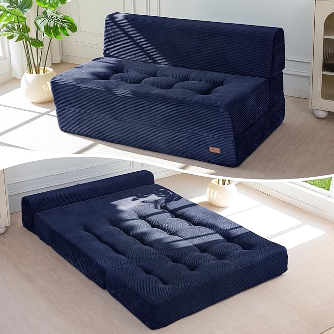 MAXYOYO 8" Folding Sofa Bed, Convertible Sleeper Sofa Lounger Foldable Mattress, Wedge Shape Floor Couch Tufted Fold Out Chair Bed Comfy Floor Couch Lounge for Living Room Bedroom, Loveseat, Navy