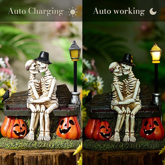 TERESA'S COLLECTIONS Halloween Decorations, Love Never Dies, Skeleton Decor, Couple Kissing Skeletons and Solar Light, Waterproof Resin Halloween Decor, Skeleton Gifts Indoor/Outdoor