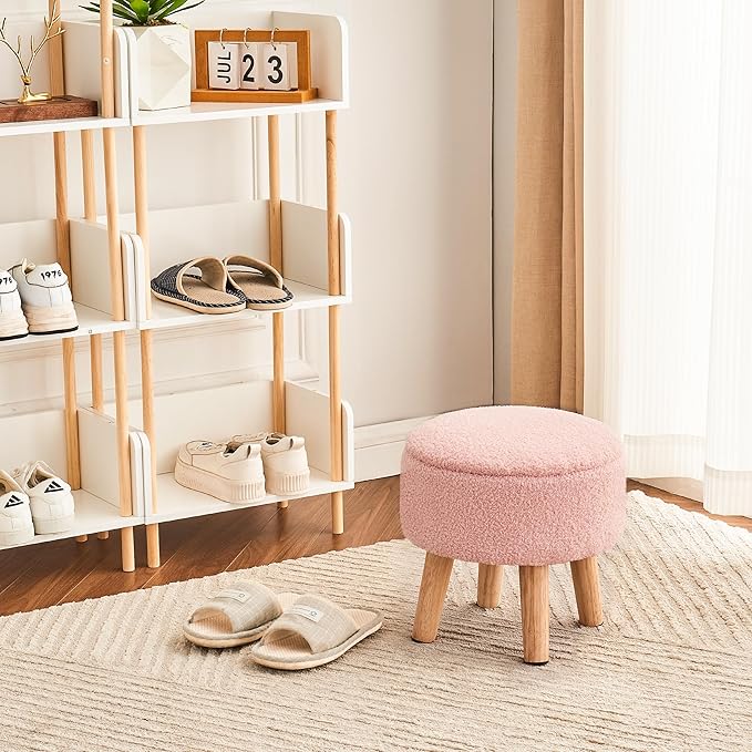 Poofzy Small Ottoman with Storage, Small Foot Stool Ottoman with Wood Legs, Sherpa Foot Rest for Couch, Living Room and Bedroom - Pink