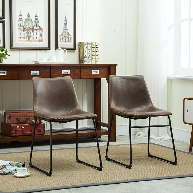 Roundhill Furniture Lotusville Vintage PU Leather Dining Chairs, Set of 2, Antique Brown