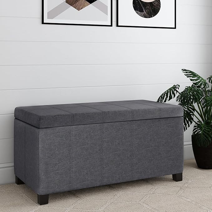 SIMPLIHOME Dover Storage Ottoman Bench - 36 inch Wide Upholstered Linen Look Fabric Rectangular Lift-Top Ottoman in Slate Grey, Contemporary Bench for Living Room with Safety Hinges