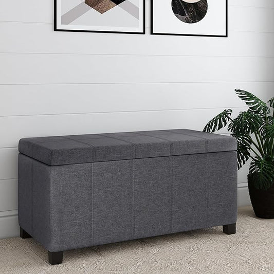 SIMPLIHOME Dover Storage Ottoman Bench - 36 inch Wide Upholstered Linen Look Fabric Rectangular Lift-Top Ottoman in Slate Grey, Contemporary Bench for Living Room with Safety Hinges