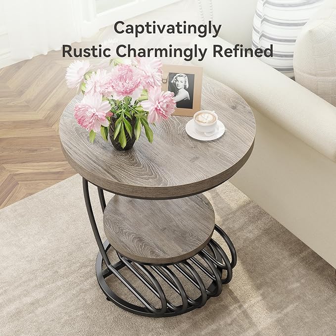 LITTLE TREE Round Side Table, Accent End Table with 2-Tier Shelf, Creative Curved Metal Frame, for Small Spaces, Grey + Black